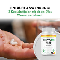 Thumbnail for Handfläche mit zwei Kapseln, Produktdose Glucozen Plus und Text zur Einnahme mit Wasser
