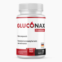 Thumbnail for Weiße Dose mit Gluconax-Schriftzug, 60 Kapseln, MAXI PACK-Kennzeichnung und rotem grafischen Tropfenelement