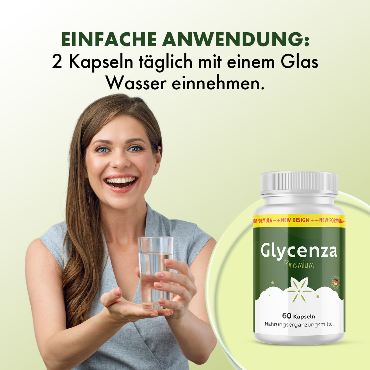 Glycenza Premium neben Frau mit Wasserglas und Einnahmehinweis: zwei Kapseln täglich mit Wasser