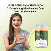 Thumbnail for Glycenza Premium neben Frau mit Wasserglas und Einnahmehinweis: zwei Kapseln täglich mit Wasser