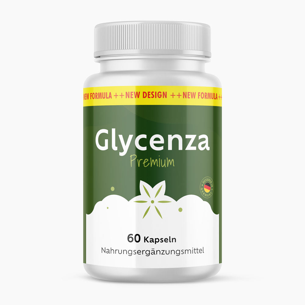 Glycenza Premium Nahrungsergänzungsmittel in weißer Dose mit grünem Etikett und 60 Kapseln