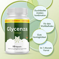 Thumbnail for Glycenza Premium Dose mit vier Infopunkten zu Zutatenkombination, Wohlbefinden und Verträglichkeit