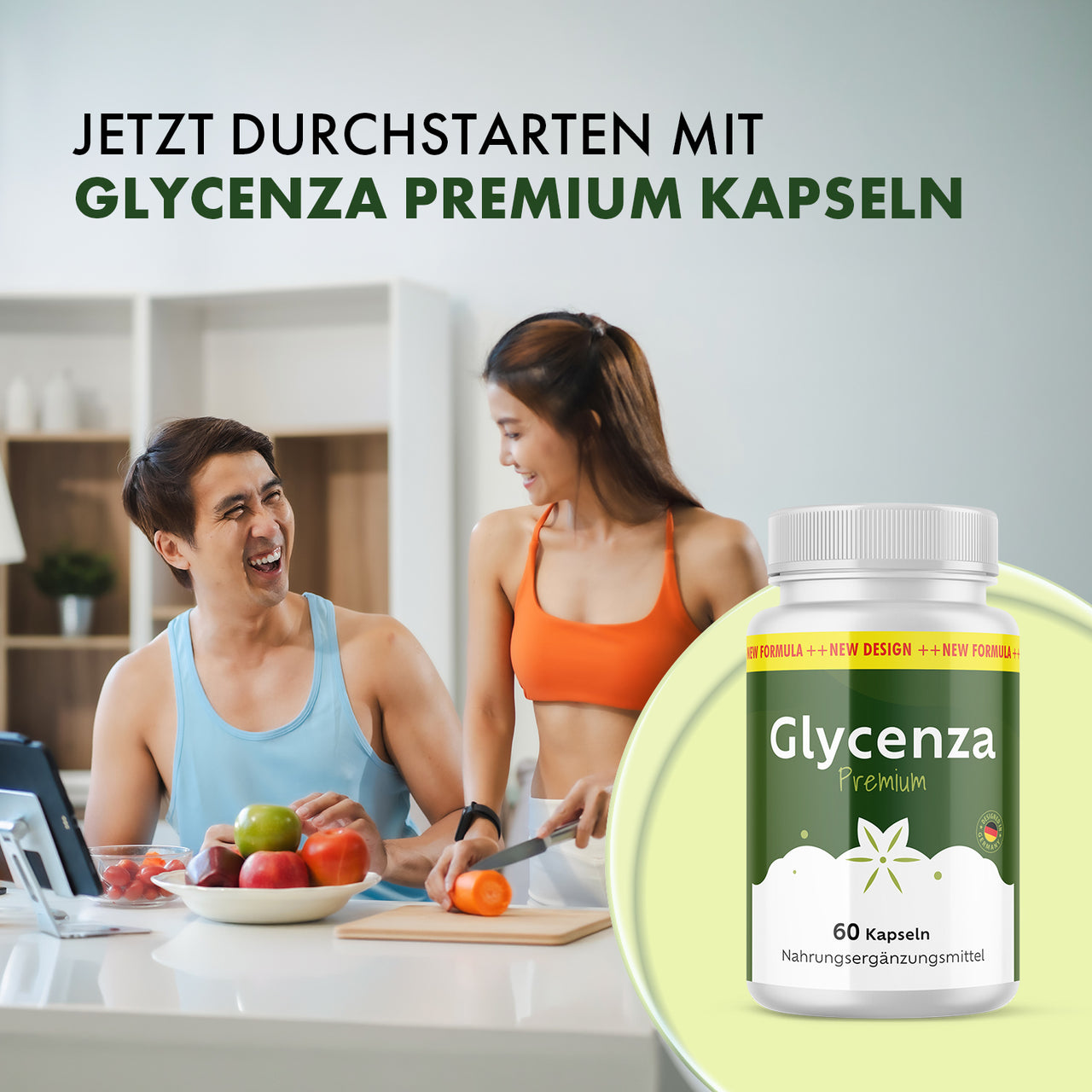 Glycenza Premium Dose neben Frau beim Karottenschneiden und Mann am Küchentisch mit Obstschale