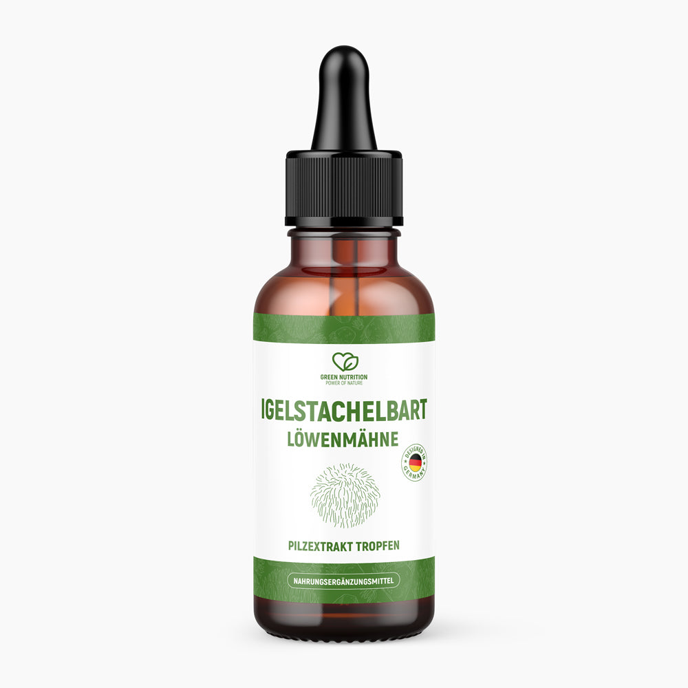 Braune Pipettenflasche mit Aufdruck IGELSTACHELBART LÖWENMÄHNE und grünem Etikettelement