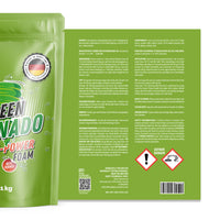 Thumbnail for Rückseite der Green Tornado Active-Power Foam Verpackung mit Sicherheitshinweisen Text und Gefahrensymbolen
