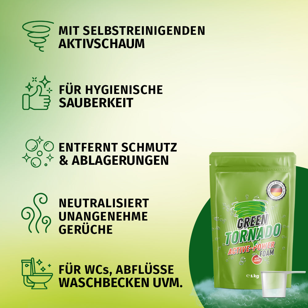 Green Tornado Active-Power Foam 1 kg mit Stichpunkten zu Reinigung Geruch und Einsatzbereichen