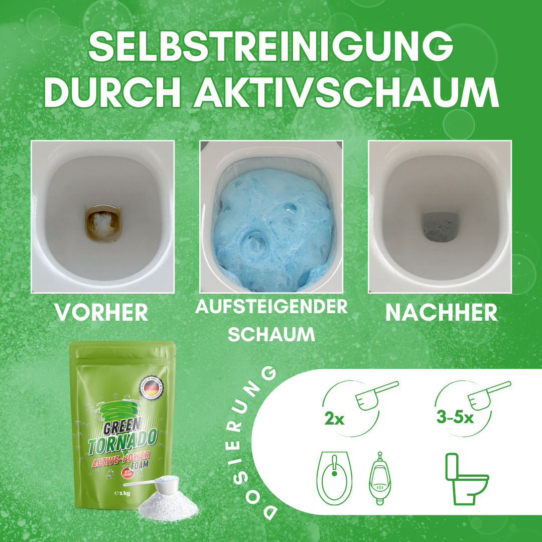 Vorher Nachher Vergleich WC mit aufsteigendem Schaum und Green Tornado Active Power