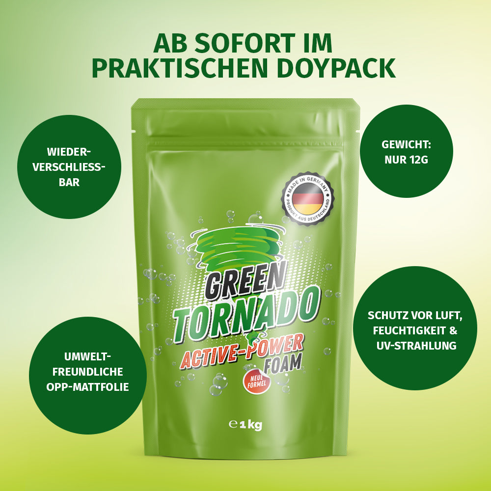 Green Tornado Active-Power Foam im grünen Doypack 1 kg mit Hinweisen zu Verpackungsvorteilen