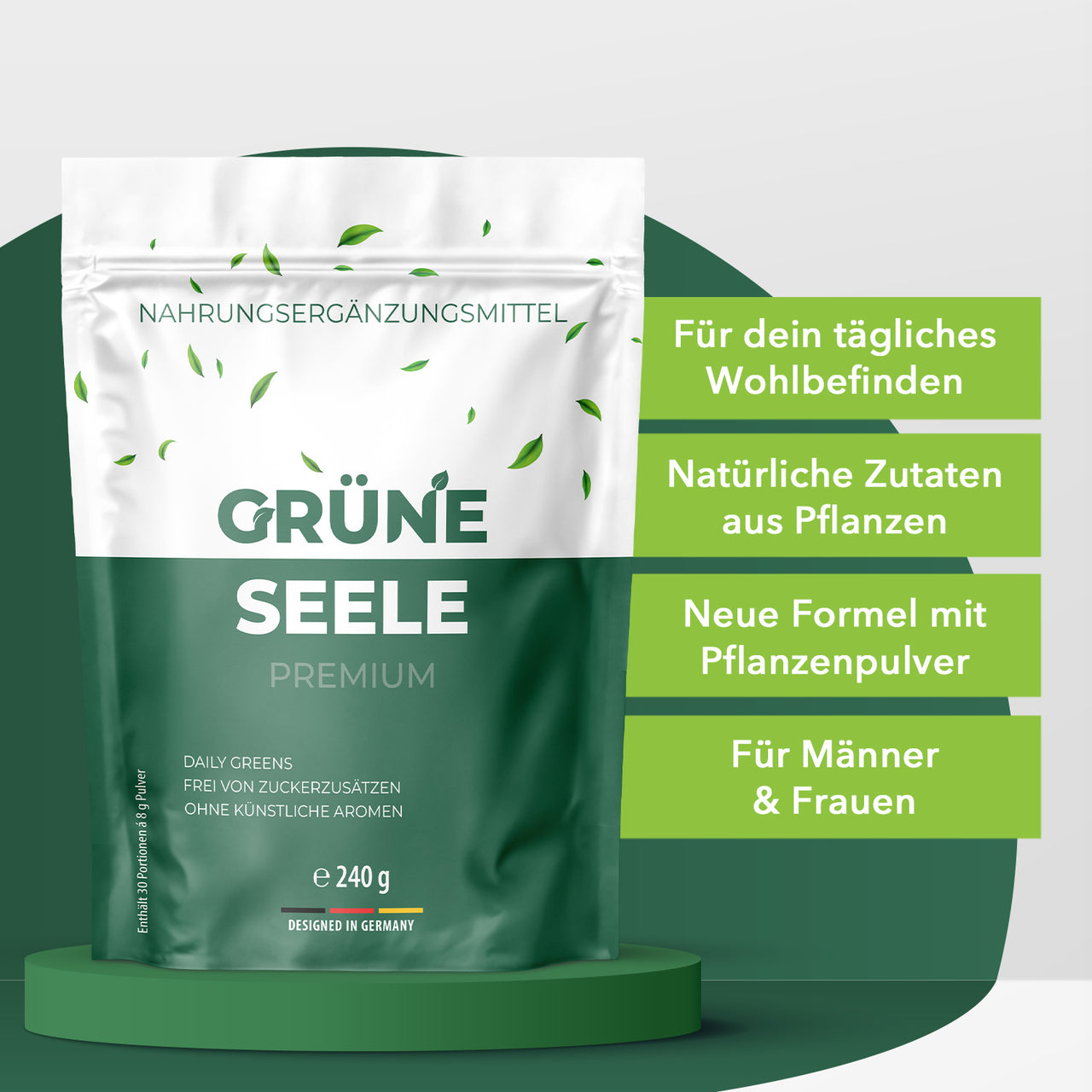 Grüne Seele Premium Greens Pulver für Männer und Frauen mit 240 g Beutel auf grünem Podest
