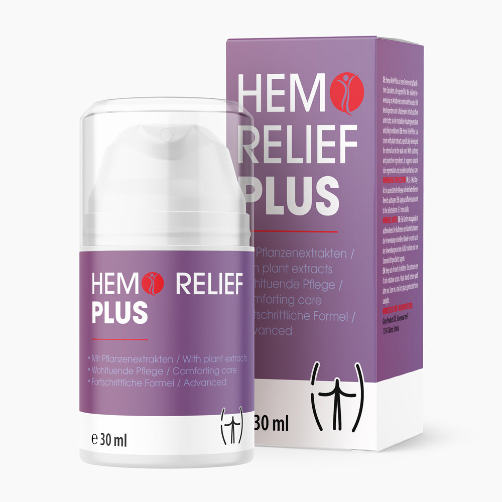 Hemo Relief Plus Creme-Spender 30 ml mit Pflanzenextrakten, Verpackung und Flasche vor Hintergrund
