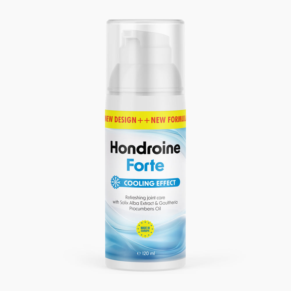 Weiße Flasche mit Pumpspender und Schrift Hondroine Forte Cooling Effect 120 ml auf blauem Etikett