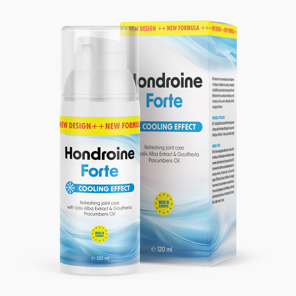 Weiße Flasche mit Pumpspender und Schrift Hondroine Forte 120 ml vor passender Faltschachtel mit Wellenmotiv