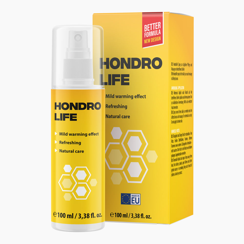 Sprühflasche mit gelbem Etikett Hondro Life 100 ml vor passender Faltschachtel mit Wabenmotiv