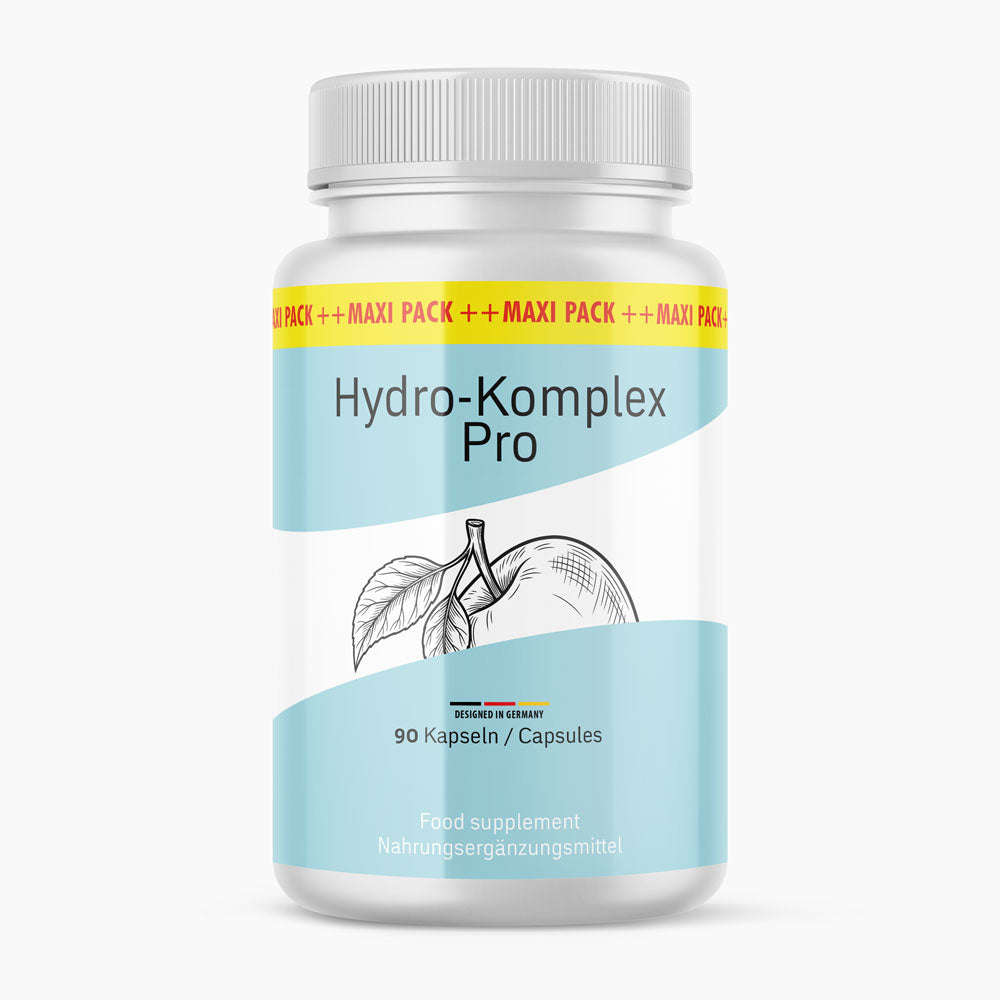 Weiße Dose Hydro-Komplex Pro mit 90 Kapseln, hellblauem Etikett und Fruchtzeichnung vorn sichtbar
