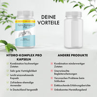 Thumbnail for Vergleichsgrafik mit Hydro-Komplex Pro Dose, anderer Dose, Vorteilslisten und Bewertungssymbolen