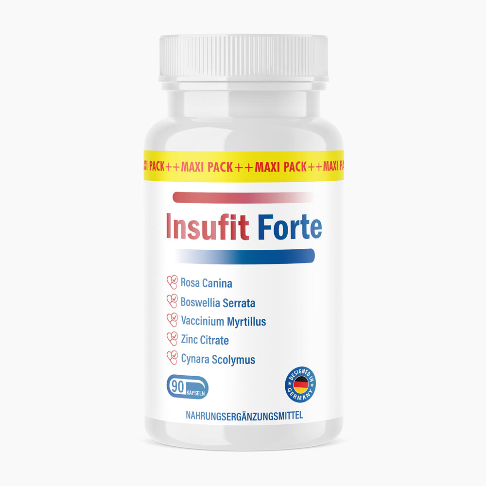 Dose mit Aufdruck Insufit Forte, 90 Kapseln und sichtbaren Zutaten auf weißem Etikett