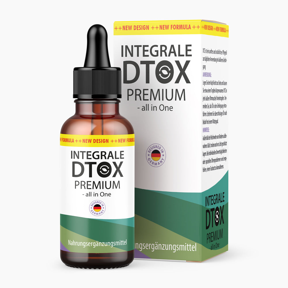 Integrale DTOX Premium braune Flasche mit Pipette und Verpackung vor hellem Hintergrund
