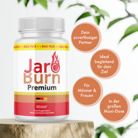 Thumbnail for Weiße Dose Jaro Burn Premium mit vier Infokreisen zu Produktmerkmalen und Angabe von 90 Kapseln