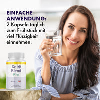 Thumbnail for Keto Blend Pro neben einer Frau mit Wasserglas; Text empfiehlt 2 Kapseln täglich zum Frühstück