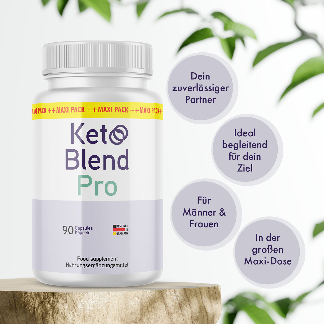 Produktdose Keto Blend Pro mit 90 Kapseln und mehreren hervorgehobenen Werbeaussagen im Hintergrund