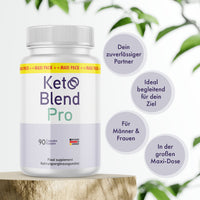 Thumbnail for Produktdose Keto Blend Pro mit 90 Kapseln und mehreren hervorgehobenen Werbeaussagen im Hintergrund