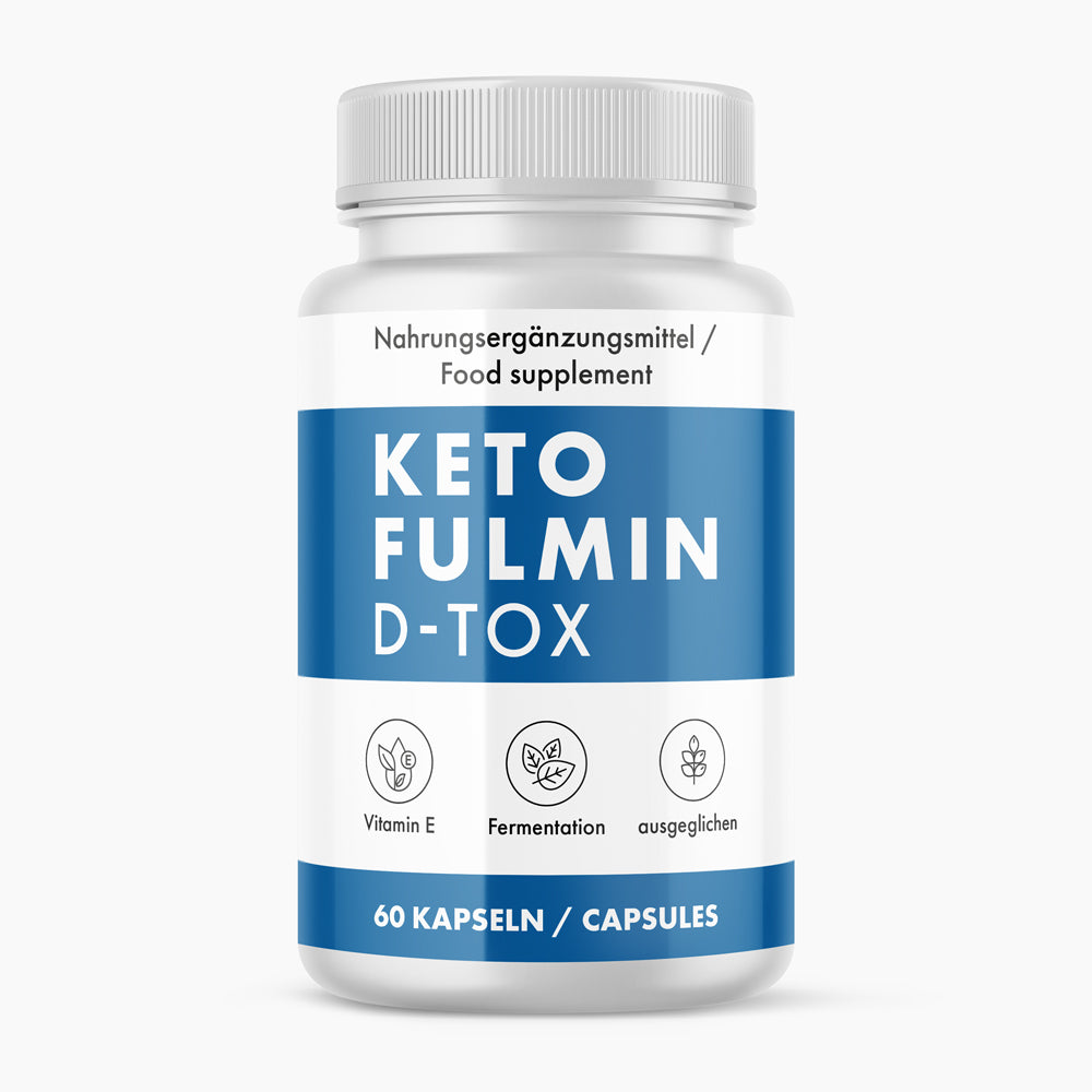 Weiße Kunststoffdose mit blauem Etikett Keto Fulmin D-Tox, 60 Kapseln und drei runden Symbolen