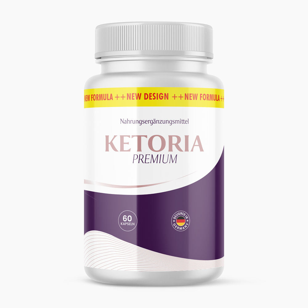 Dose Ketoria Premium mit weiß-violettem Etikett, 60 Kapseln und Hinweis Nahrungsergänzungsmittel
