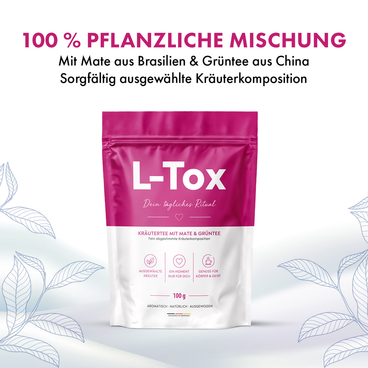 L-Tox Kräutertee mit Mate und Grüntee, Hinweis auf pflanzliche Mischung und Kräuterkomposition