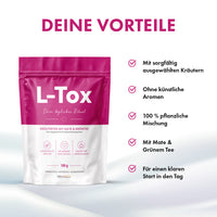Thumbnail for L-Tox Kräutertee Packung mit Vorteilshinweisen zu Kräutern, Aromen, Mate und Grüntee