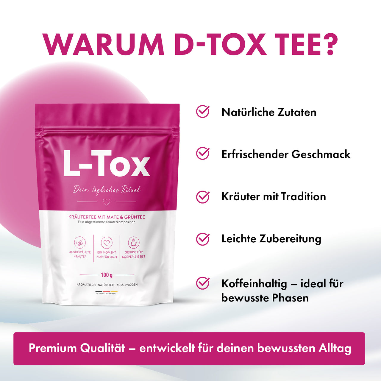 L-Tox Tee Packung neben Infopunkten zu Zutaten, Geschmack, Zubereitung und Koffein
