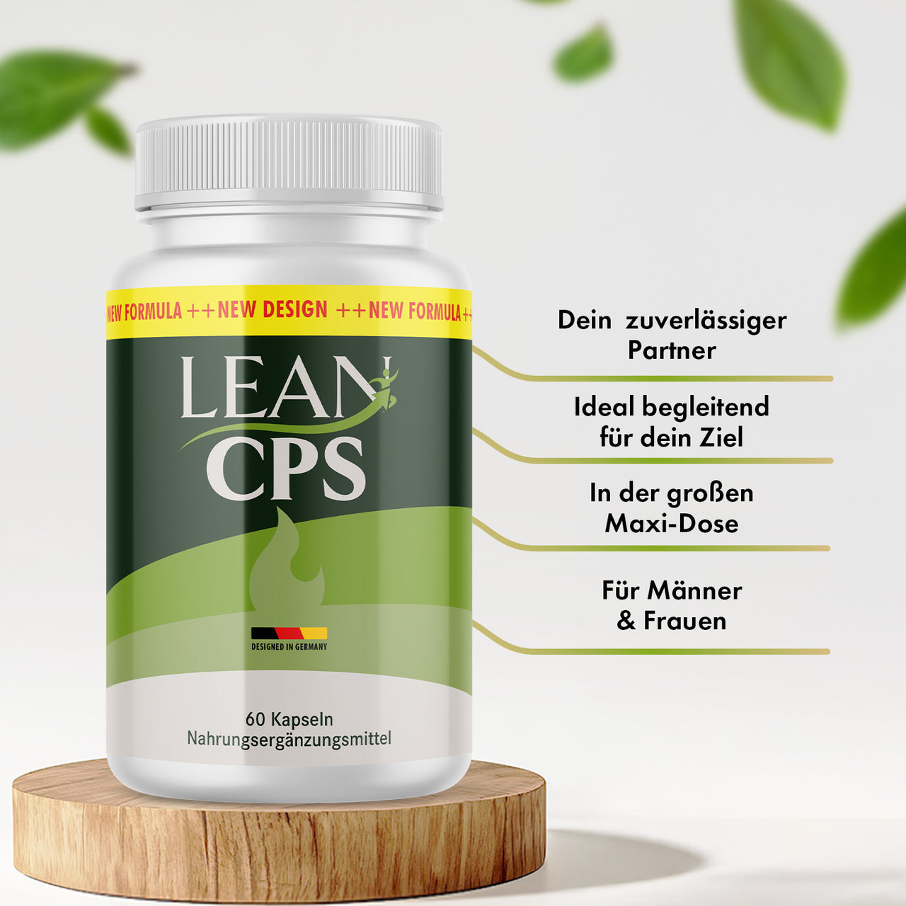 LEAN CPS Dose mit grünem Etikett auf Holzpodest neben vier Infopunkten zu Produktmerkmalen