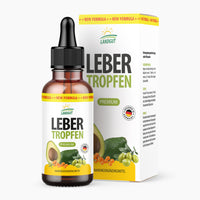 Thumbnail for Braune Glasflasche mit Aufdruck LEBER TROPFEN PREMIUM neben Verpackung mit Avocadoabbildung