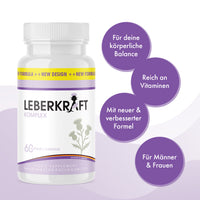 Thumbnail for Leberkraft Komplex in weißer Dose mit vier Infokreisen zu sichtbaren Produktmerkmalen und Vitaminen
