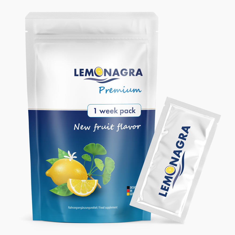 Weiße Verpackung mit Schrift Lemonagra Premium 1 week pack, daneben einzelner Portionsbeutel