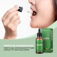 Thumbnail for LipoBliss Forte Drops Anwendung mit Pipette am Mund, Flasche, Umkarton und Dosierhinweis