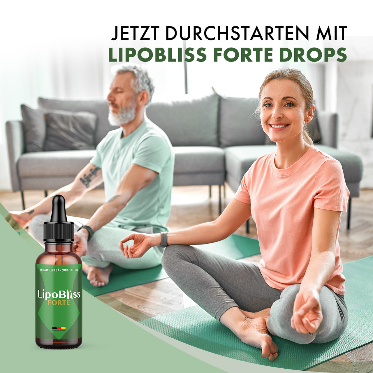LipoBliss Forte Drops mit zwei sitzenden Personen auf Yogamatten und Pipettenflasche unten links