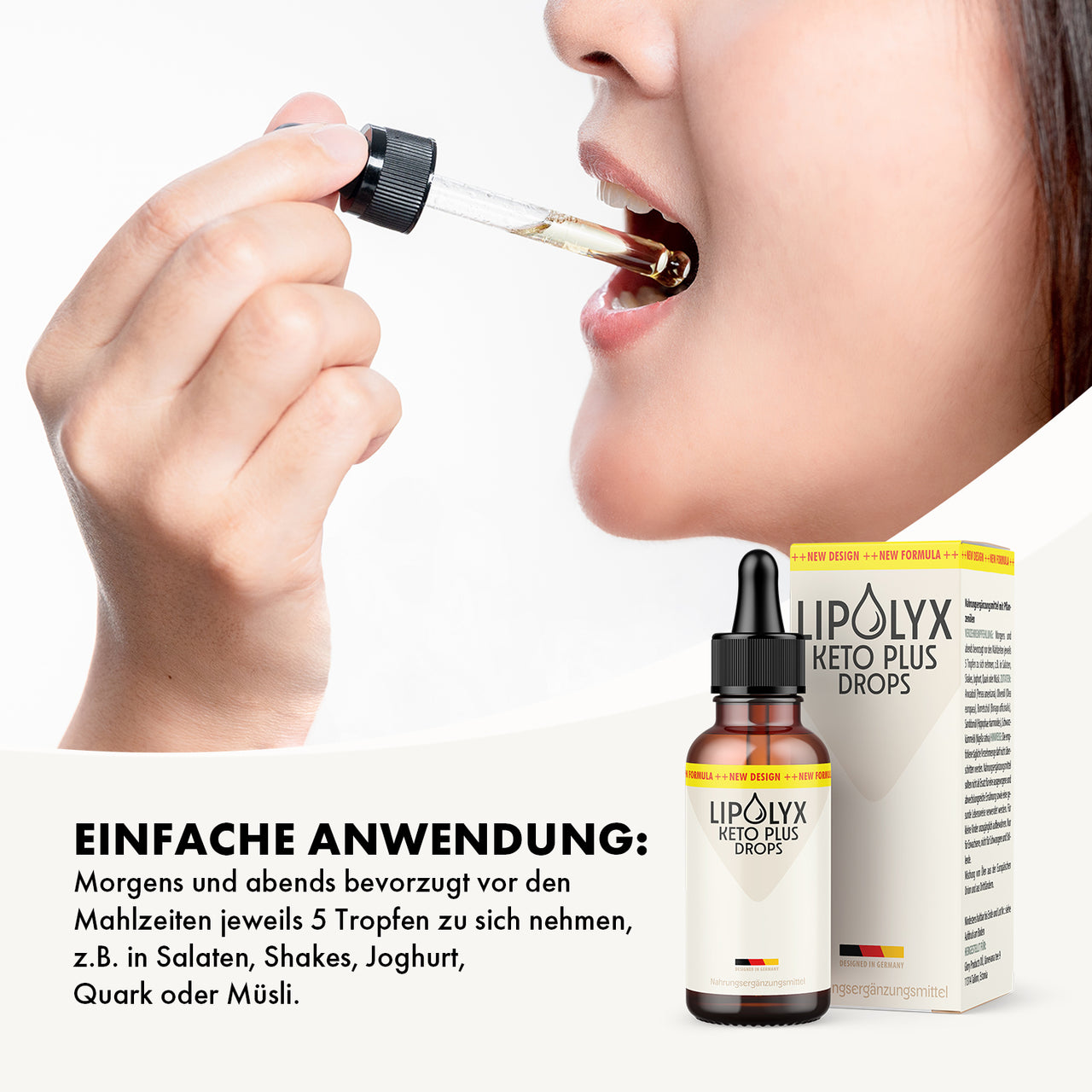 LIPOLYX Keto Plus Drops mit Pipette bei der Einnahme, Flasche, Packung und sichtbarem Dosierhinweis