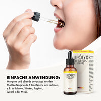 Thumbnail for LIPOLYX Keto Plus Drops mit Pipette bei der Einnahme, Flasche, Packung und sichtbarem Dosierhinweis