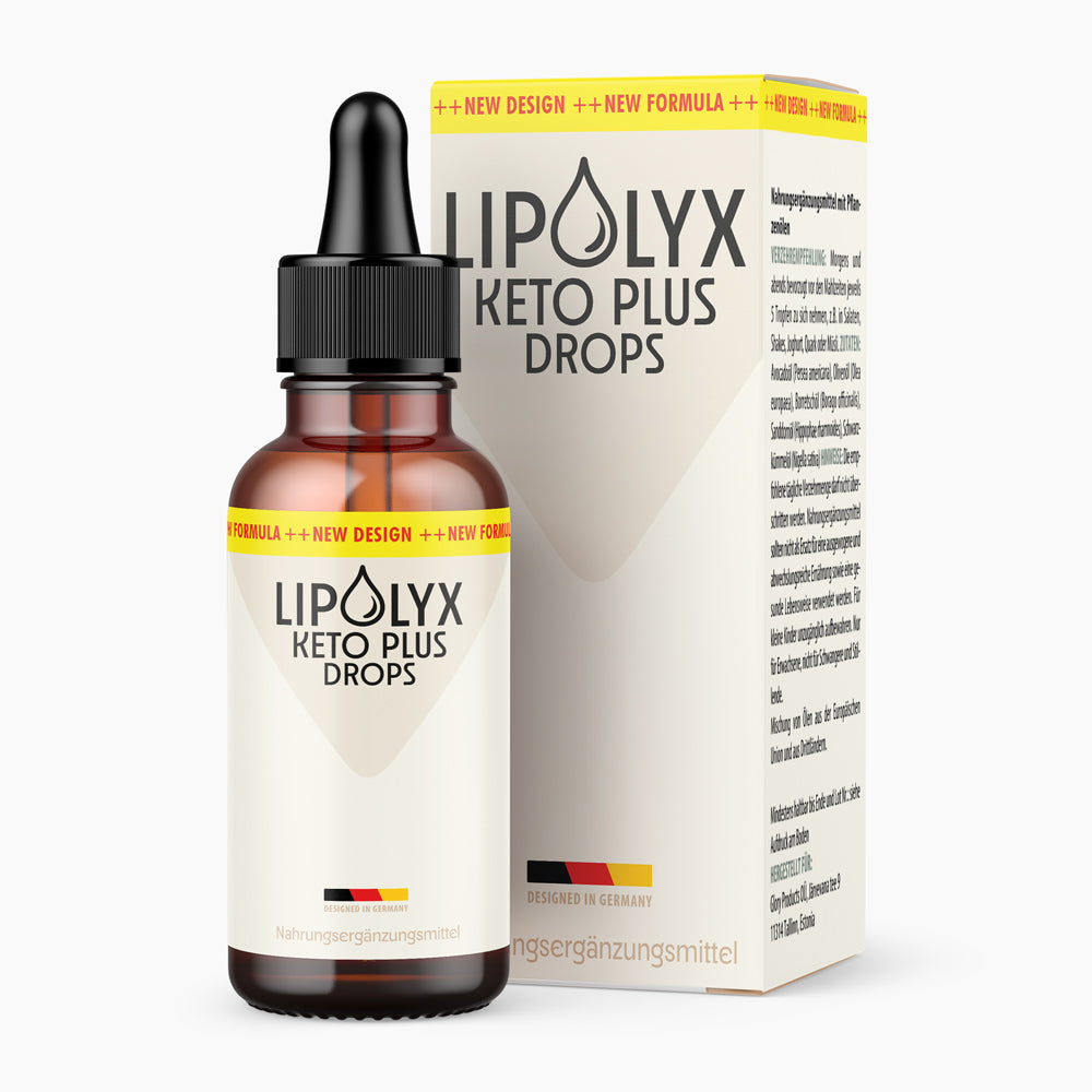 LIPOLYX Keto Plus Drops mit brauner Pipettenflasche und passender Produktpackung auf weißem Grund