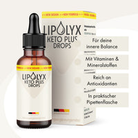 Thumbnail for LIPOLYX Keto Plus Drops mit Pipettenflasche, Packung und vier Infopunkten zu Produktmerkmalen