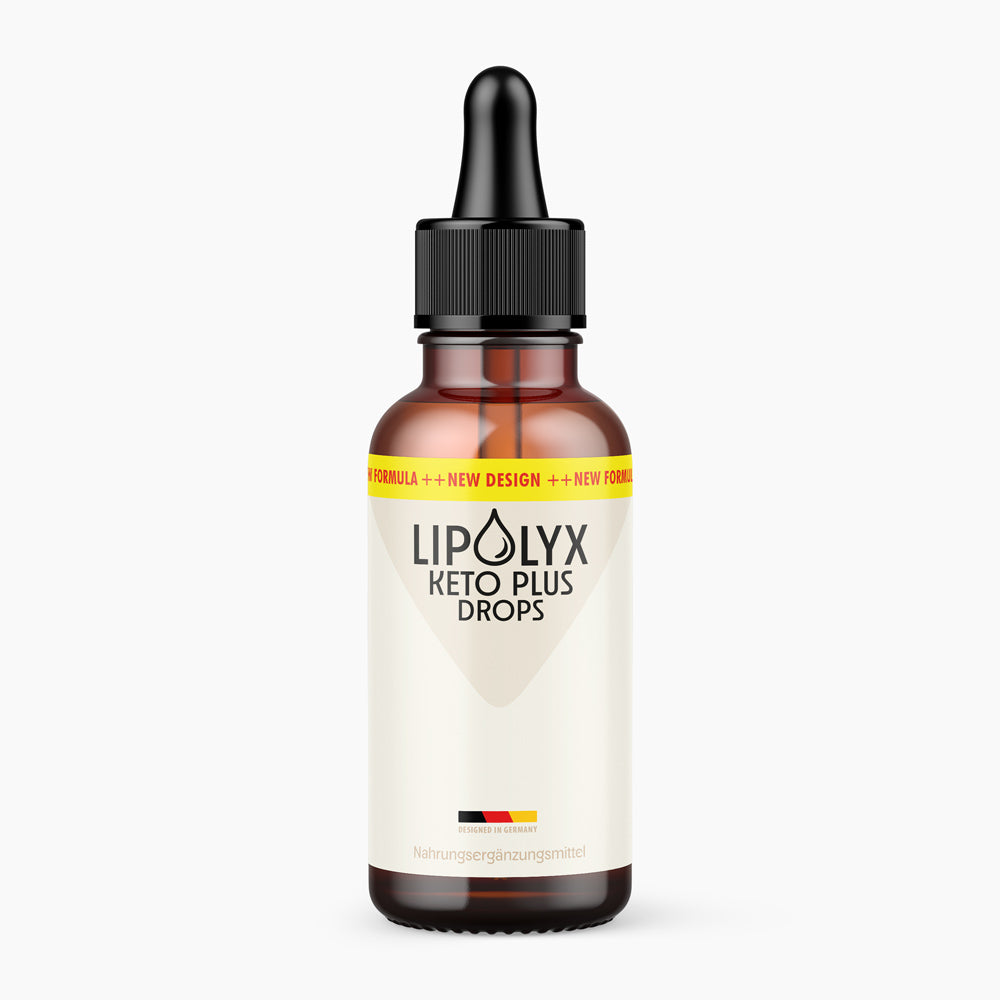 LIPOLYX Keto Plus Drops in brauner Pipettenflasche mit hellem Etikett und schwarzem Verschluss