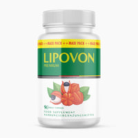 Thumbnail for Weiße Kunststoffdose mit grün-gelbem Etikett Lipovon Premium, 90 Kapseln, Abbildung roter Früchte