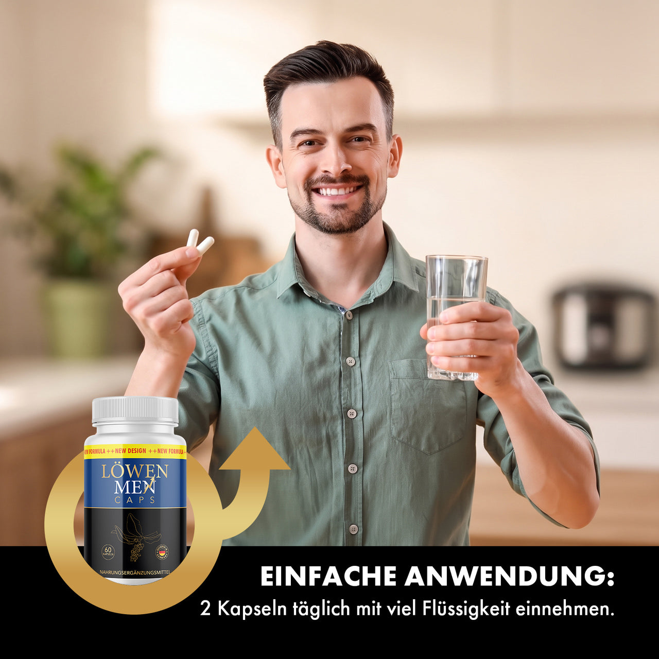 Ein Mann hält zwei Kapseln und ein Glas Wasser, daneben der Einnahmehinweis für Löwen Men Caps
