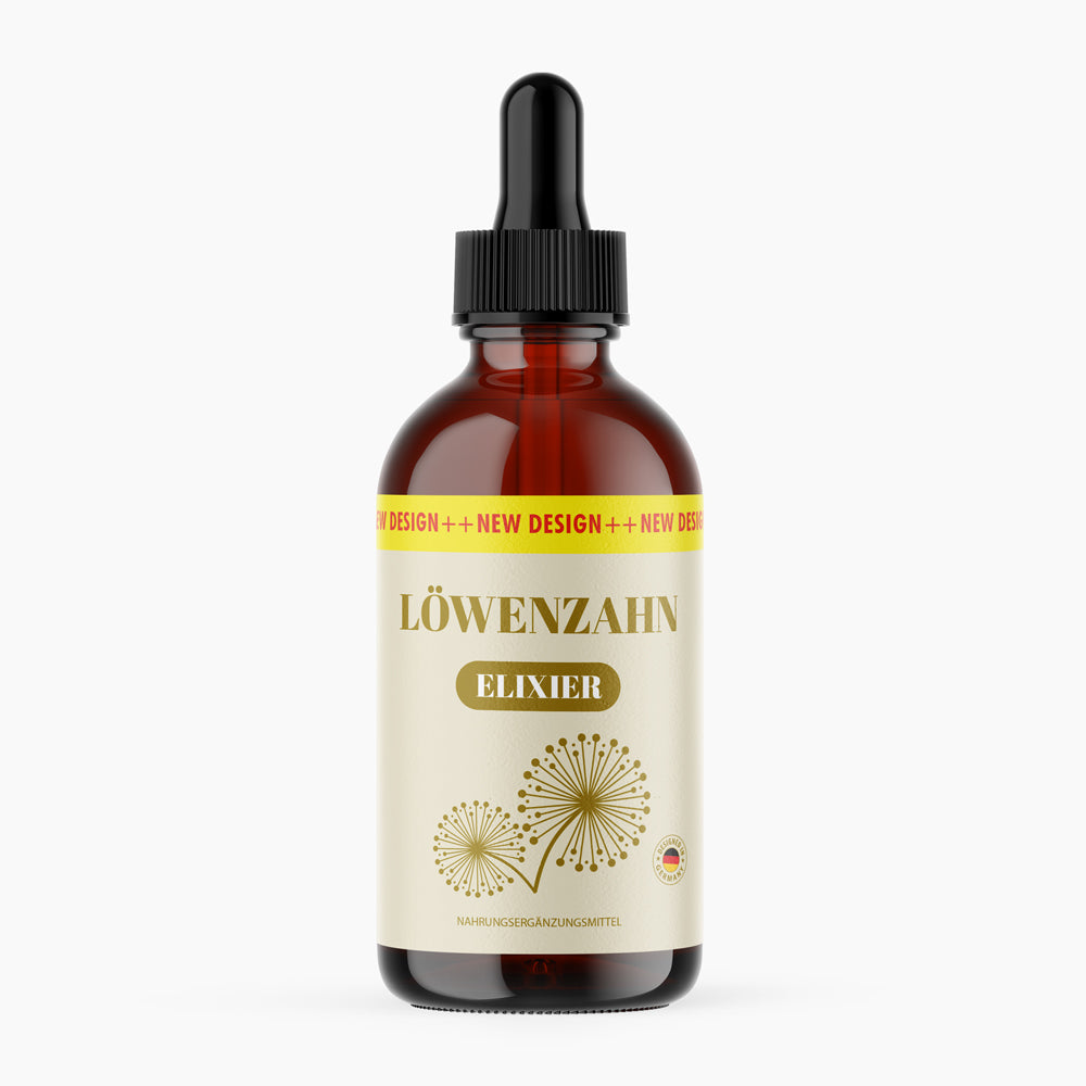 Braune Flasche mit Pipette und beigem Etikett Löwenzahn Elixier mit goldener Pusteblume