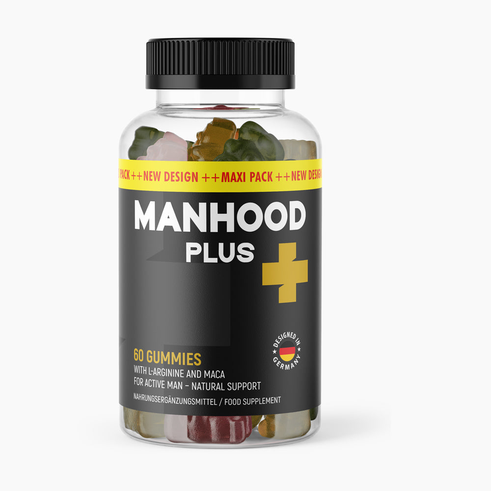 Kunststoffdose mit schwarzem Etikett Manhood Plus und sichtbaren Fruchtgummis, 60 Gummies