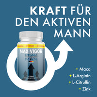 Thumbnail for Werbegrafik mit Dose Max Vigor, Pfeilsymbol, Slogan für aktiven Mann sowie Inhaltsstoffen rechts