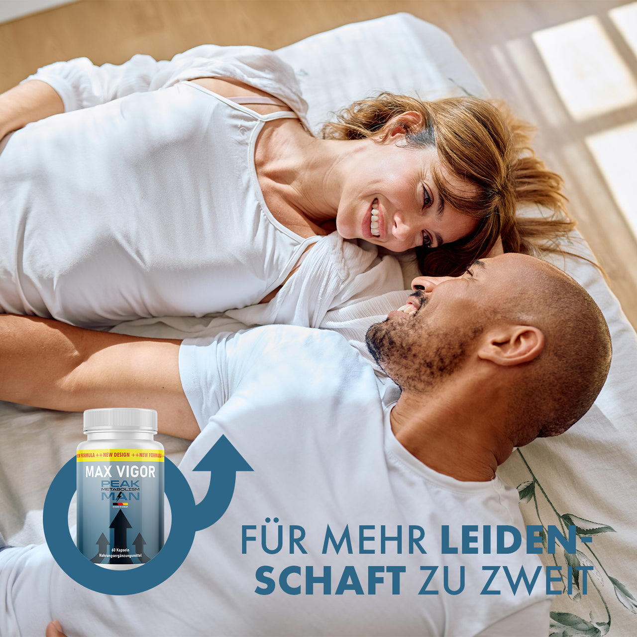 Grafik mit liegendem Paar, Max Vigor Peak Man Dose und Schrift Für mehr Leidenschaft zu zweit