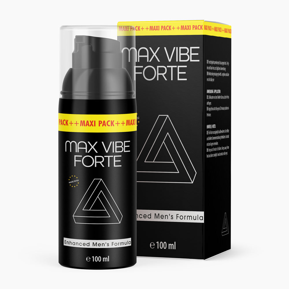 Schwarze Flasche mit Pumpspender und Schrift Max Vibe Forte 100 ml vor passender schwarzer Faltschachtel