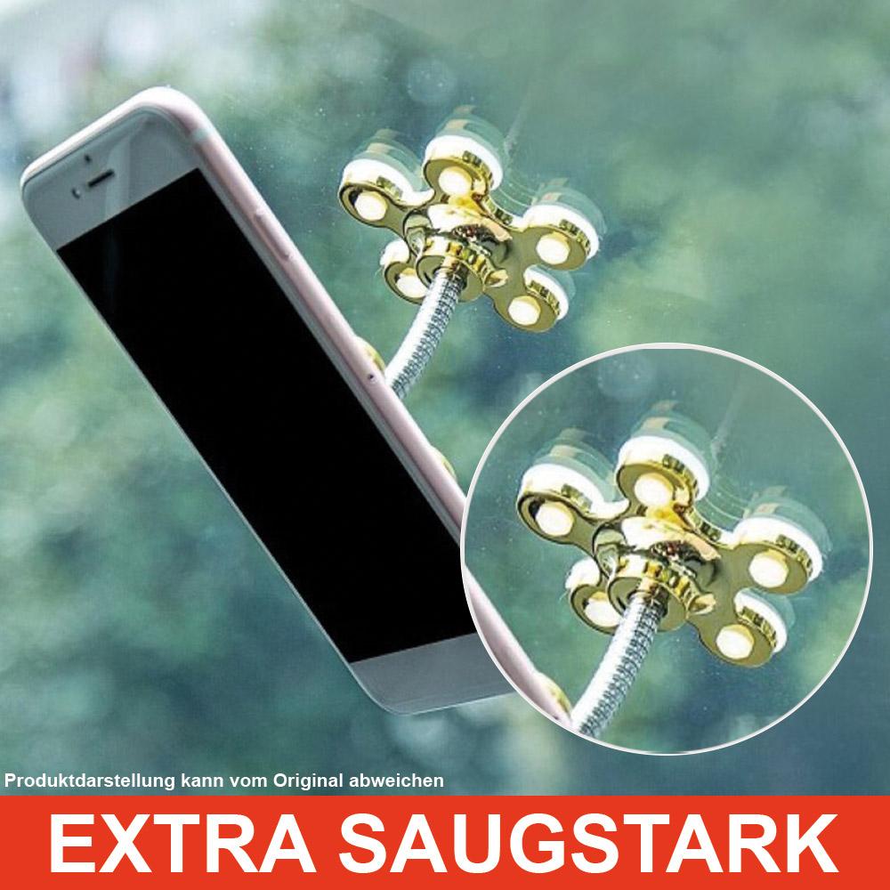  Goldfarbener Handyhalter mit Saugnäpfen hält Smartphone an Fensterscheibe, Schriftzug extra saugstark