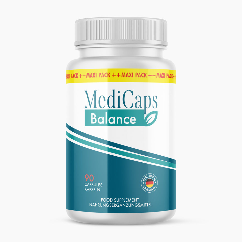 Weiße Dose MediCaps Balance mit blauem Etikett, Maxi-Pack-Band und Angabe von 90 Kapseln sichtbar